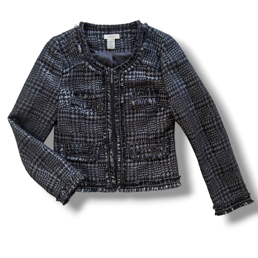 Vertigo Paris Womens S Black Silver Metallic Houndstooth Tweed Zip Blazer Jacket